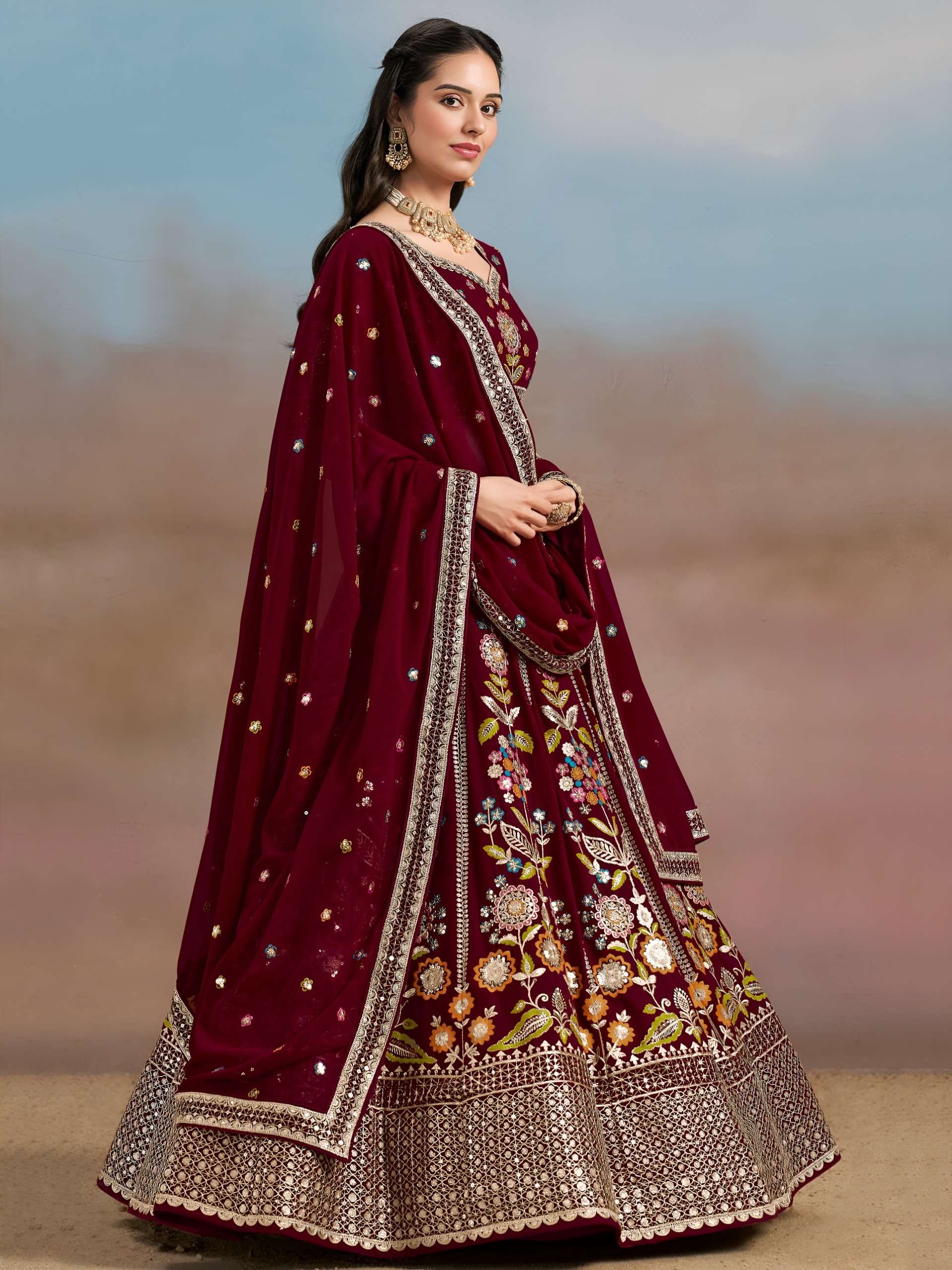 Regal Maroon Multicolor with Floral and Georgette fabric with Embroidered Lehenga Choli 6008 Maroon 